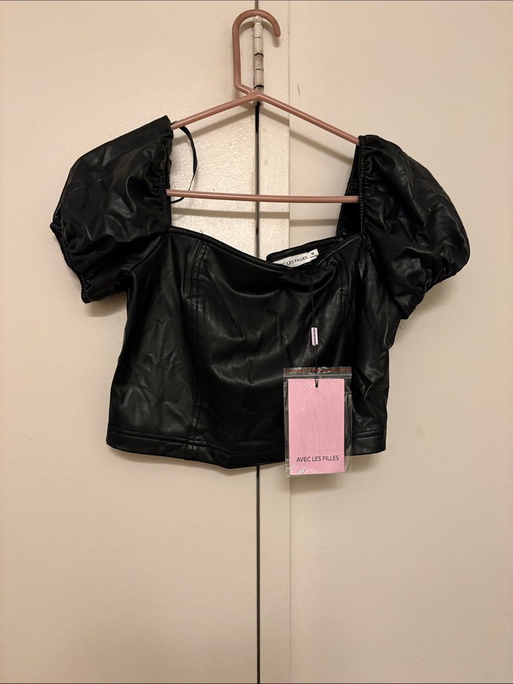 Avec Les Filles Black Faux Leather Puff Sleeve Crop Top